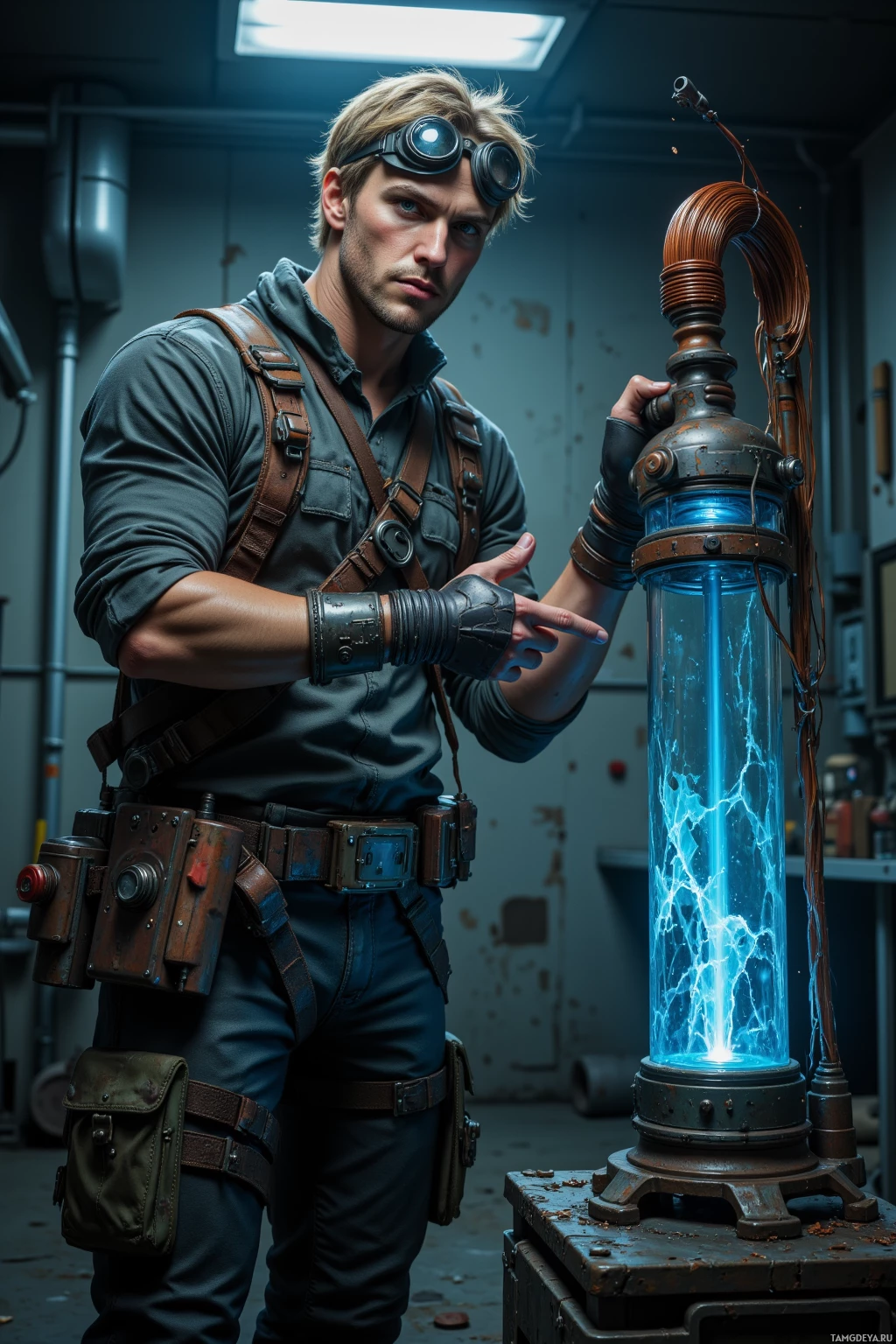 A man in a utility outfit stands beside a glowing, cylindrical device in a dimly lit industrial setting.