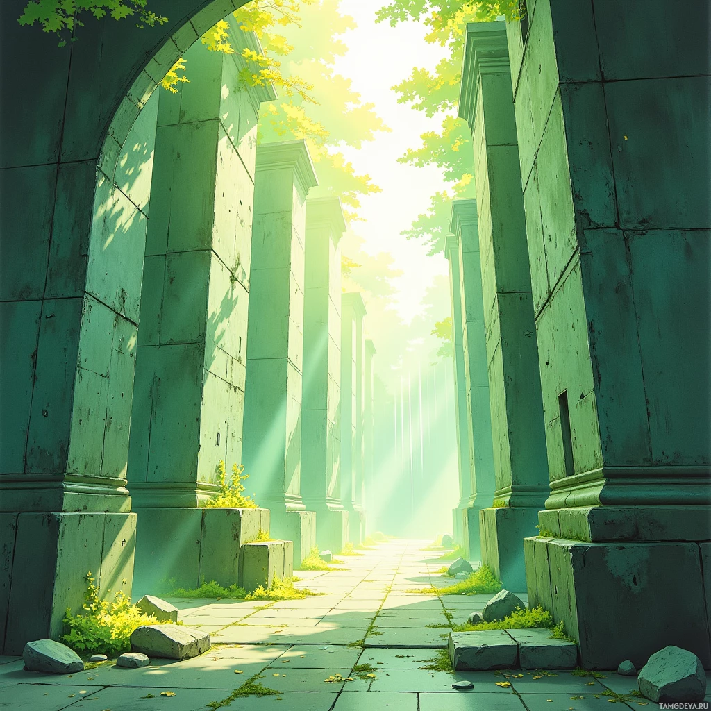 A serene pathway lined with ancient stone columns bathed in soft sunlight.