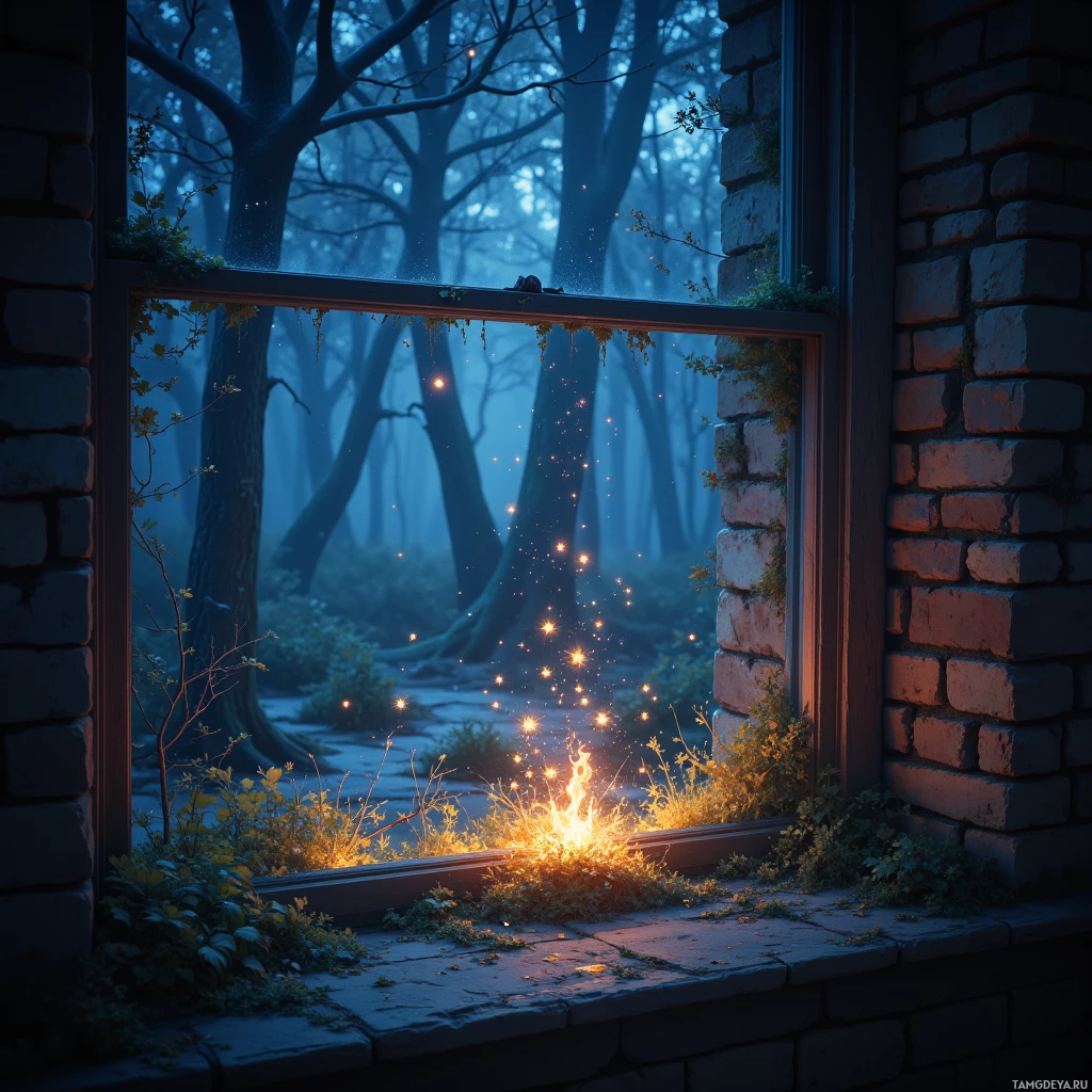 A serene night scene viewed through a window, showing a mystical forest with glowing lights and mist.