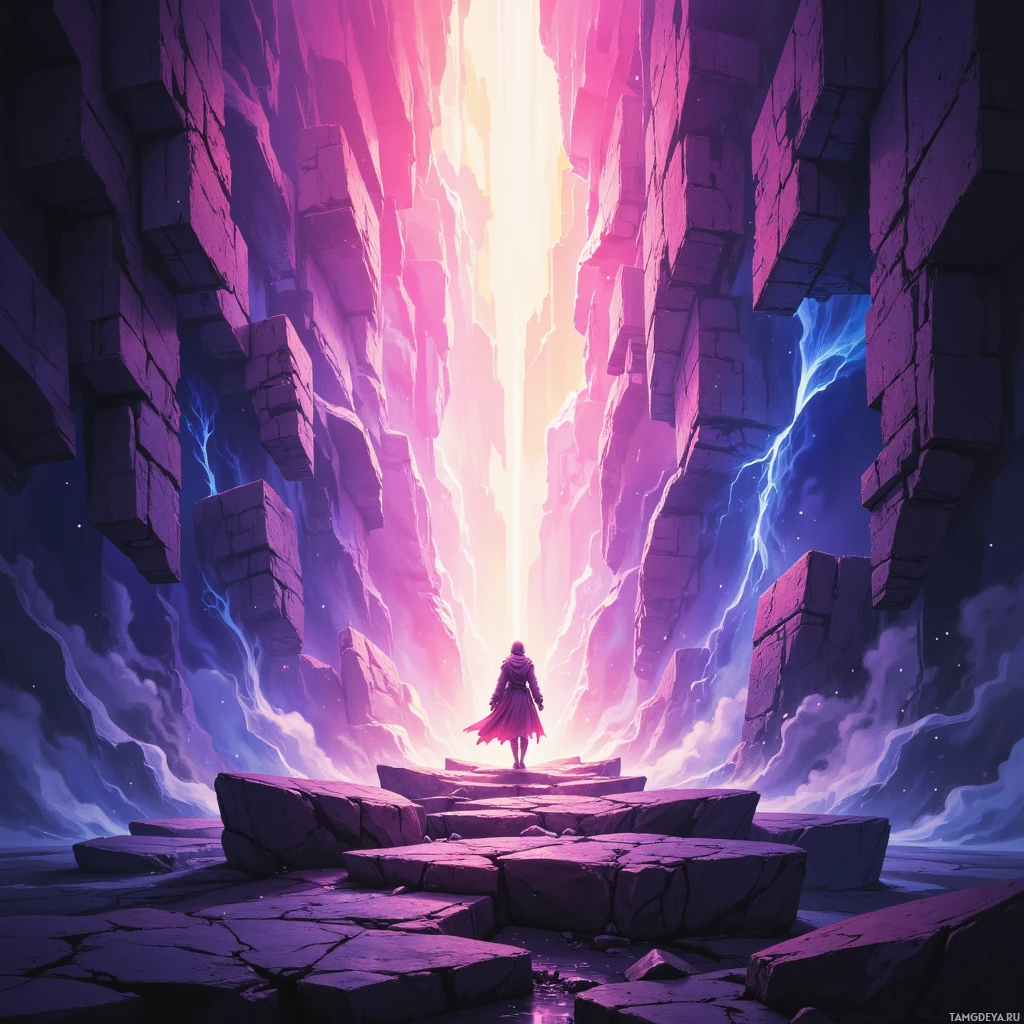 A lone figure stands at the entrance of a glowing, ethereal portal surrounded by jagged, purple rock formations.
