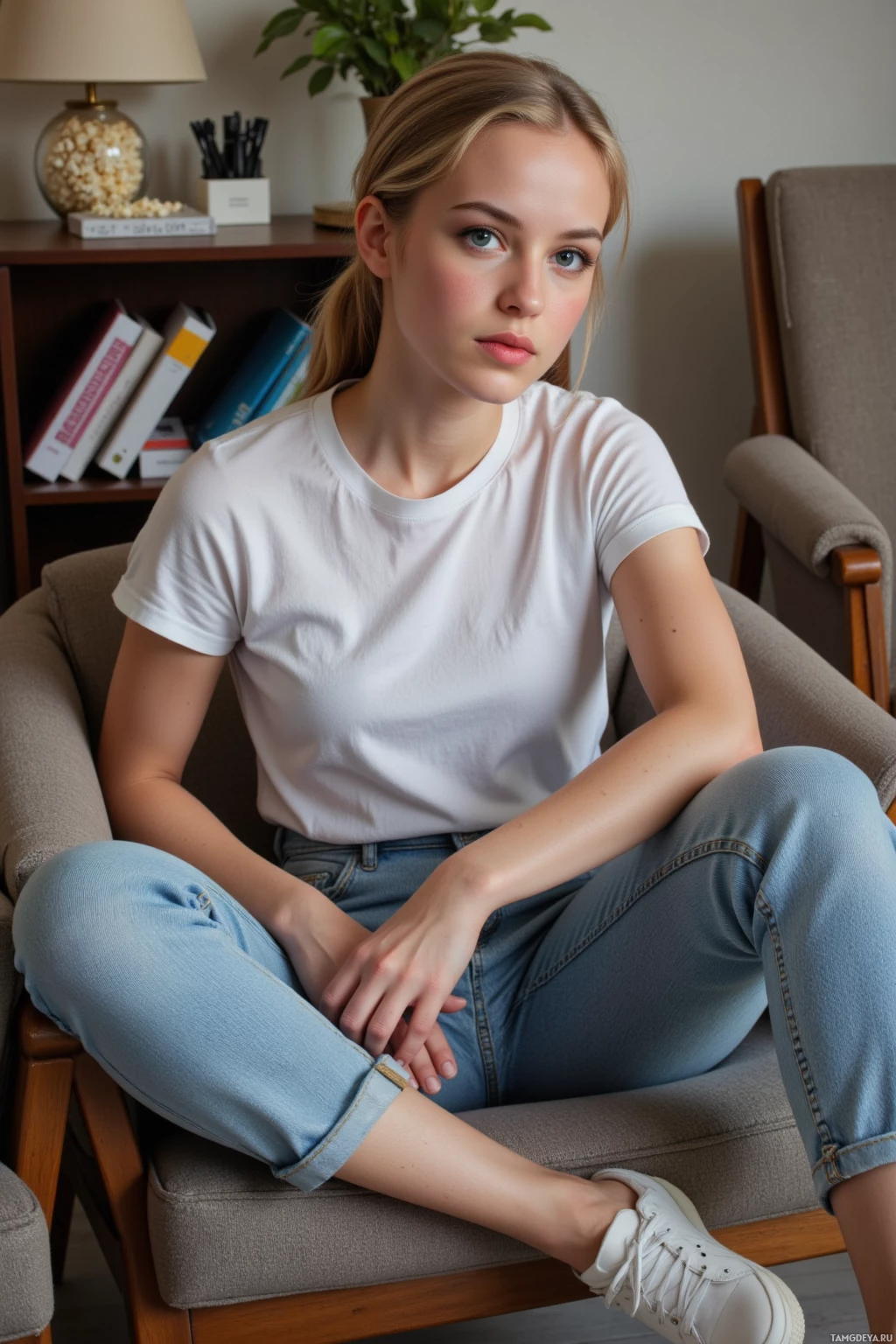 A person in a white t-shirt and jeans sits on a chair in a cozy room.