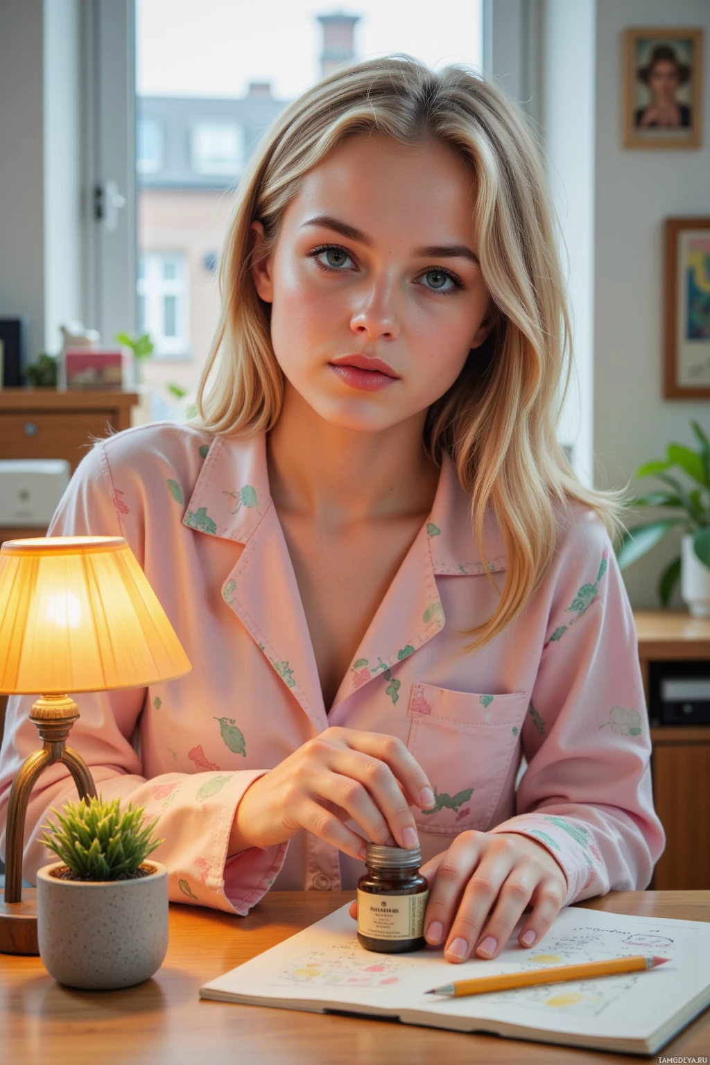A person in a pink pajama set sits at a desk with a lamp, a small plant, and a notebook.