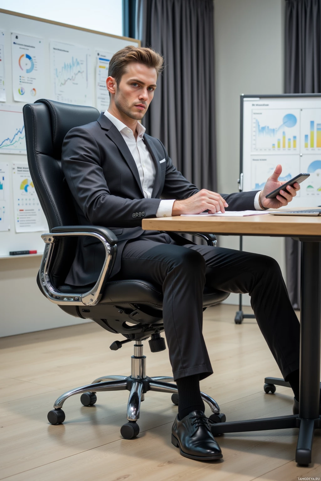 A man in a suit sits at a desk in an office, holding a smartphone.