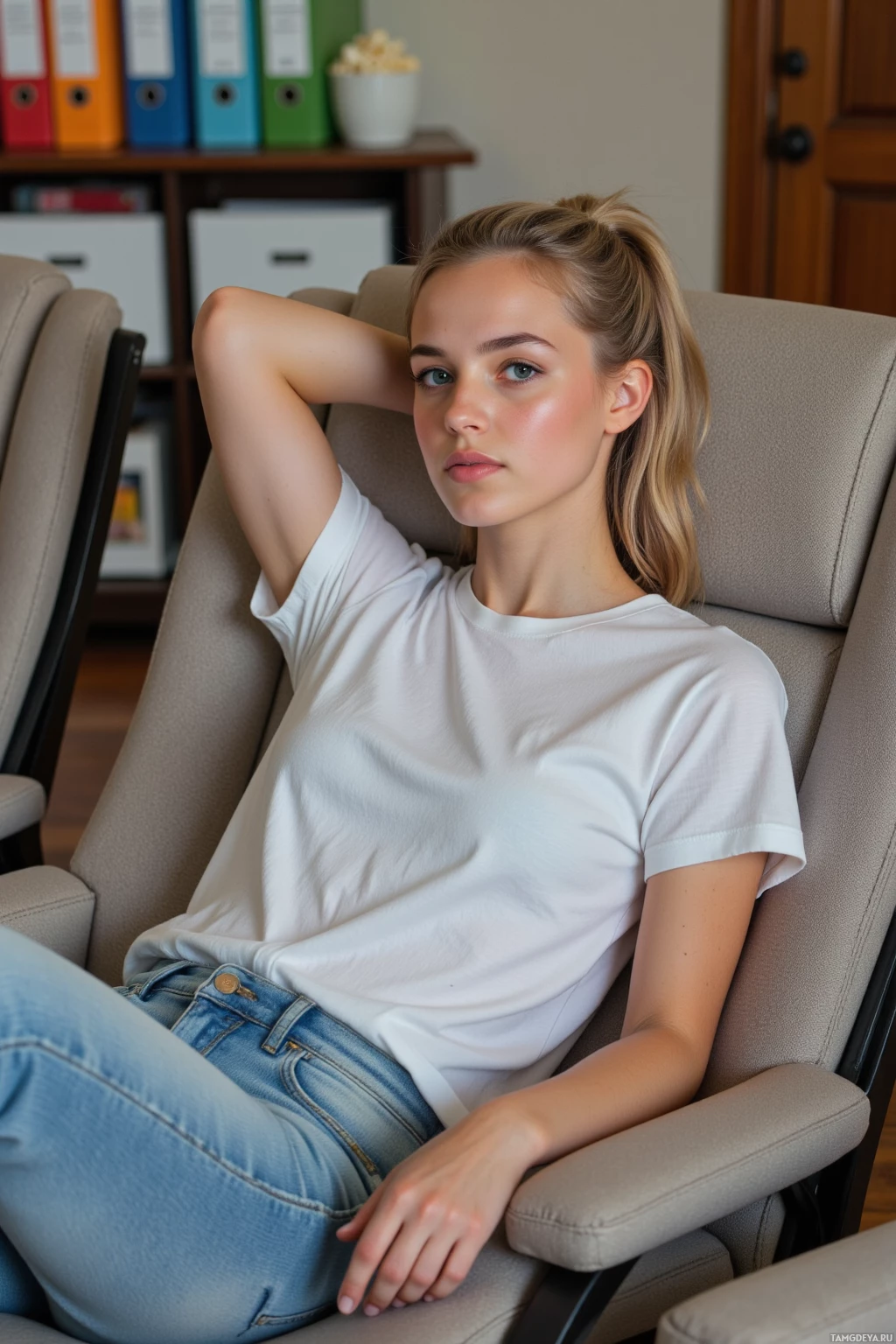 A person in a white t-shirt and jeans sits relaxed in a chair.