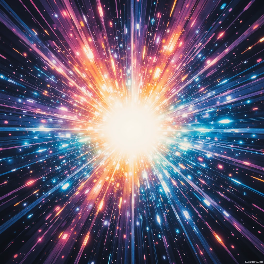 A vibrant cosmic scene with radiating light streaks and glowing particles.