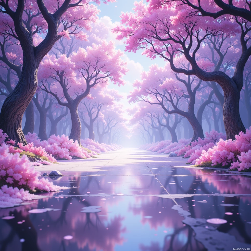 A serene pathway lined with blossoming pink trees reflects in a calm water surface under a soft, dreamy sky.
