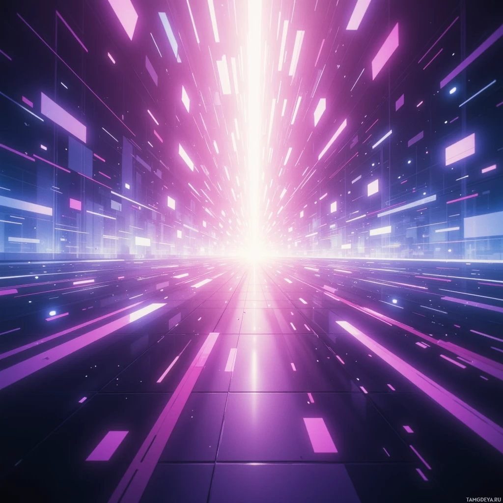 A futuristic, neon-lit corridor with glowing lines and a bright light at the end.