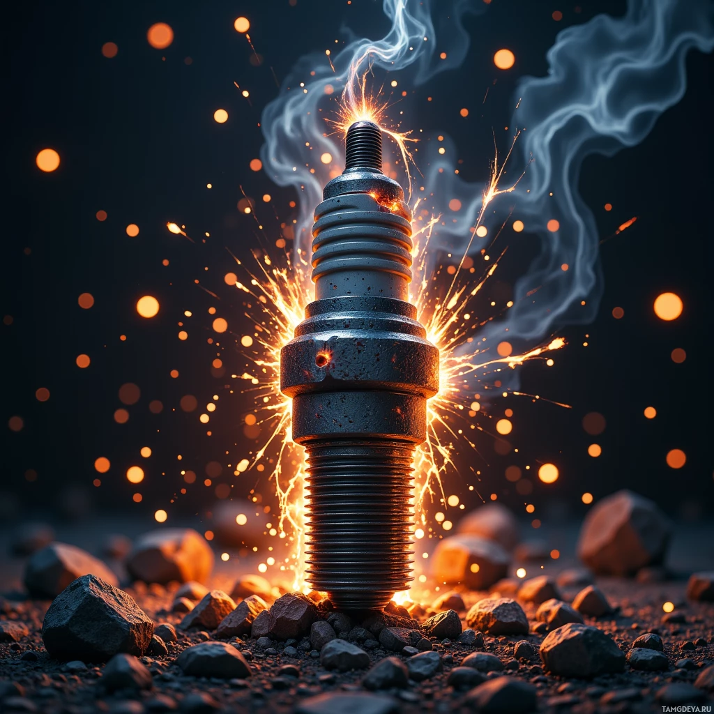 A spark plug emitting sparks and smoke against a dark background.