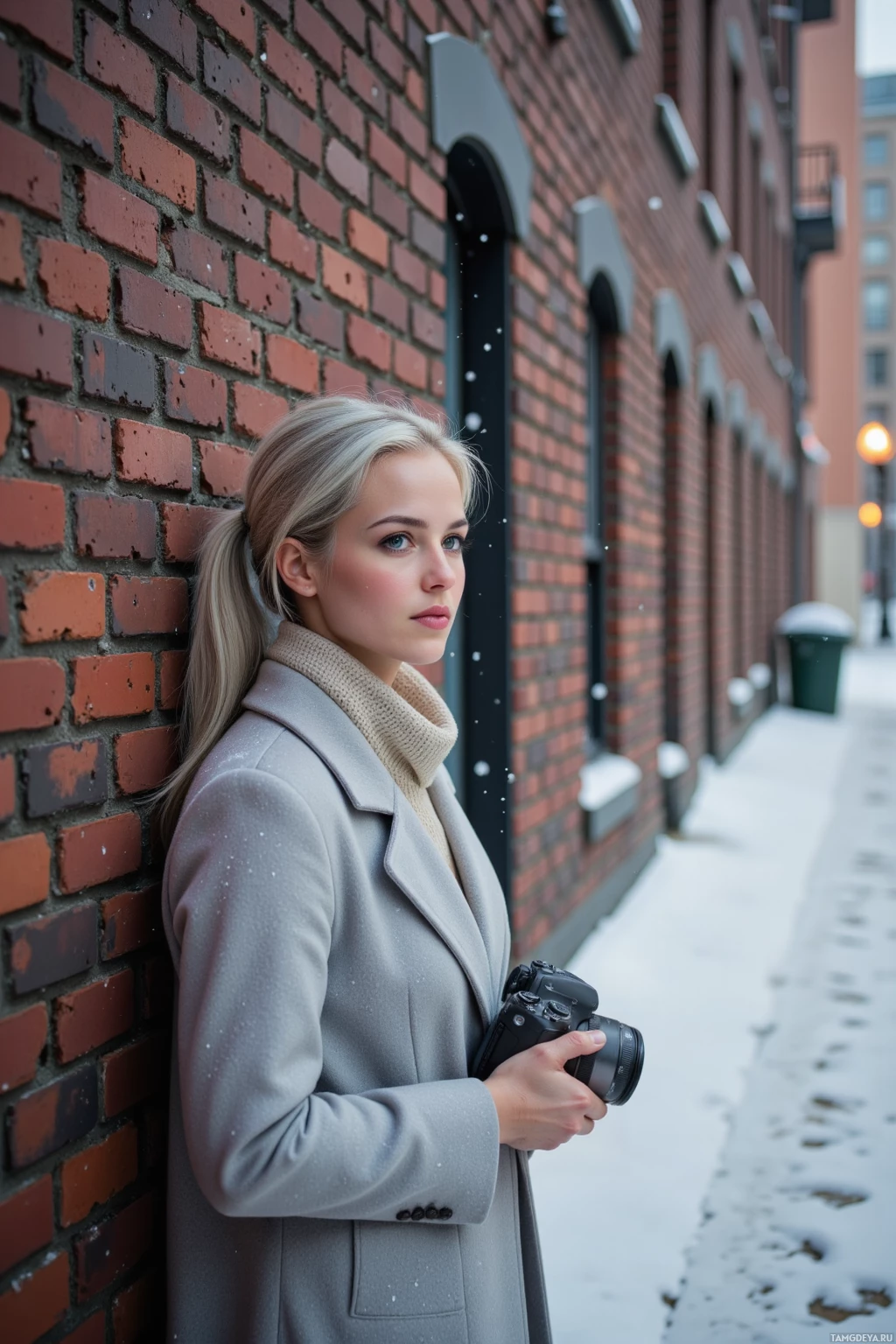 A person in a coat leans against a brick wall while holding a camera.