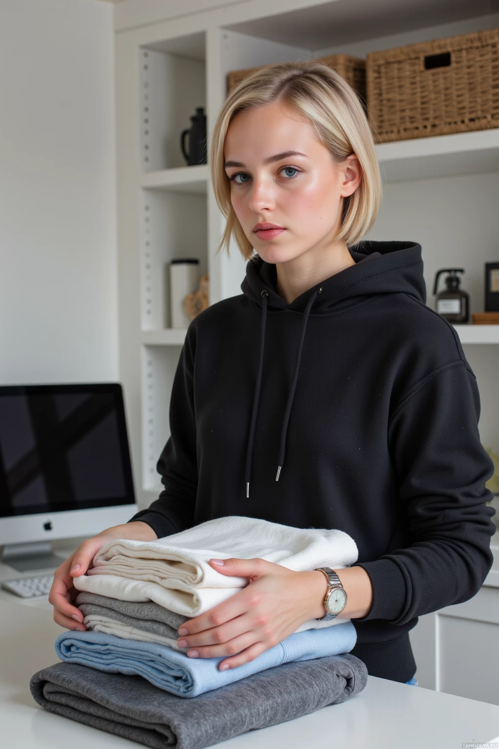 A person in a black hoodie holds a stack of folded clothes on a desk.