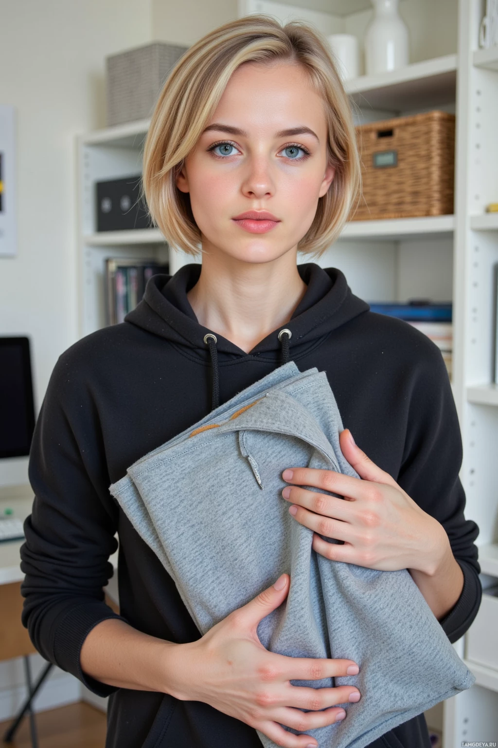 A person wearing a black hoodie holds a gray fabric item in a room with shelves.