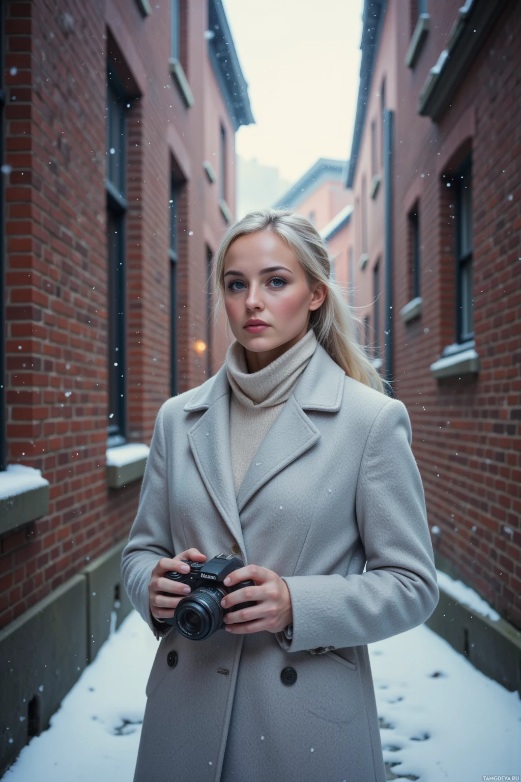 A person in a coat holding a camera stands in a snowy alleyway.