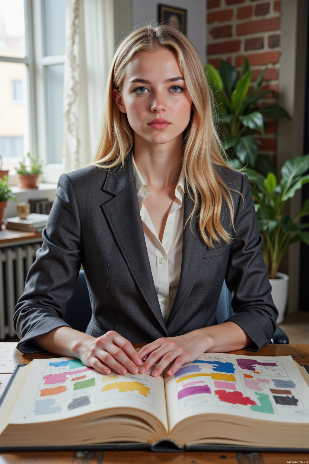 A woman in a professional setting, seated at a desk with an open book in front of her.