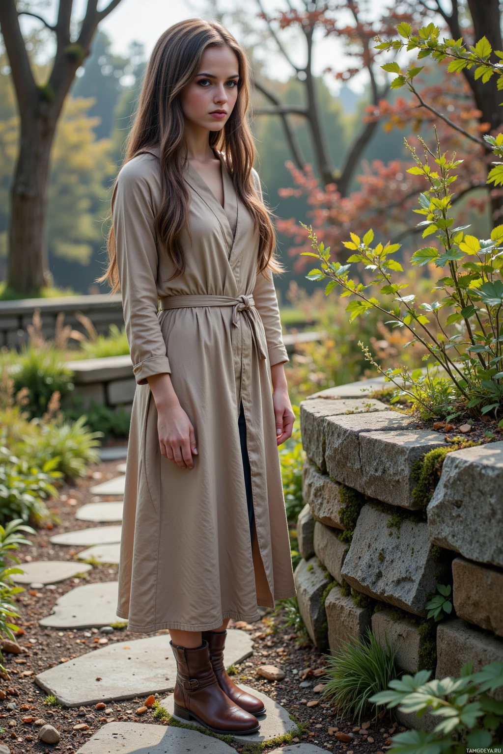 A woman in a beige dress stands in a garden with stone pathways and greenery.