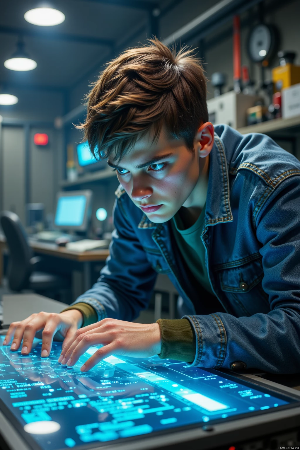A young person is focused on a futuristic computer interface in a dimly lit room.