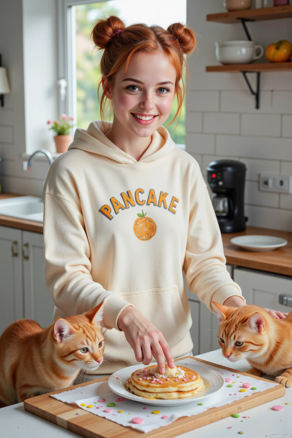 A person in a hoodie with a pancake design stands in a kitchen with two cats and a plate of pancakes.