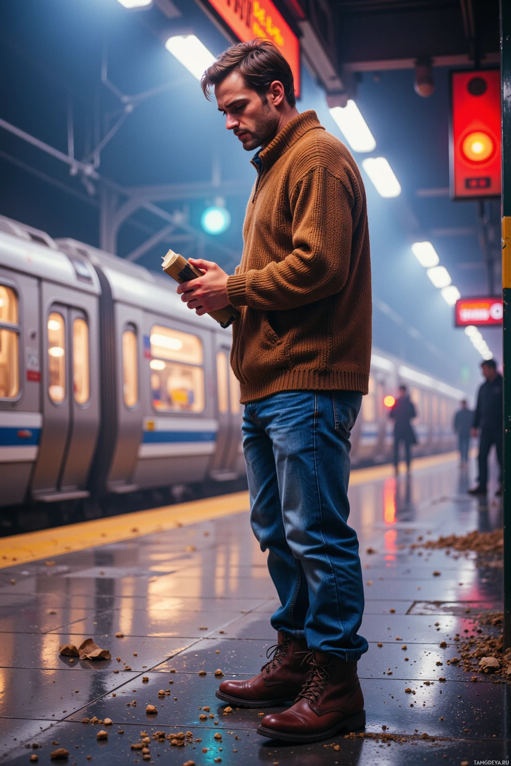A man stands on a train platform, holding a coffee cup, with a train and other passengers in the background.