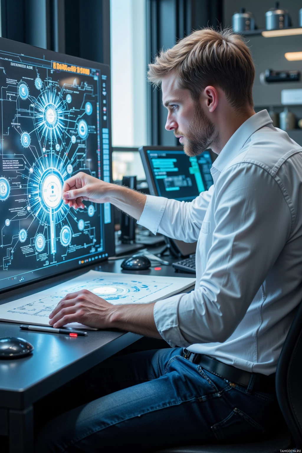 A man is working at a desk with a computer displaying a complex diagram.