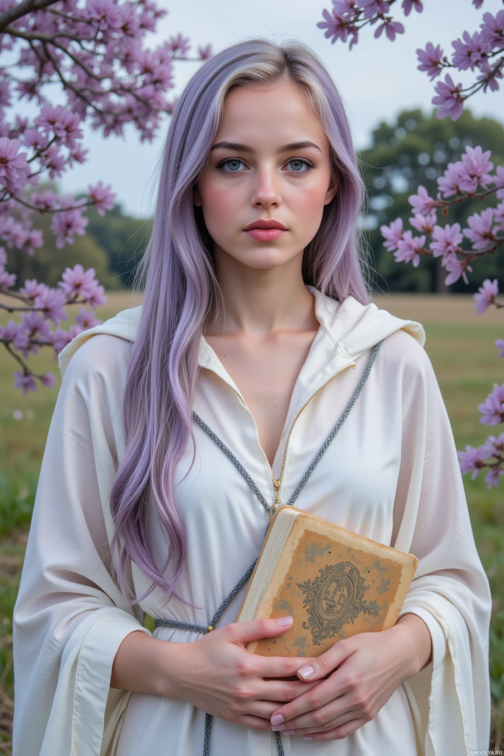 A person with long, light purple hair holds an old book in a serene outdoor setting with blooming pink flowers.