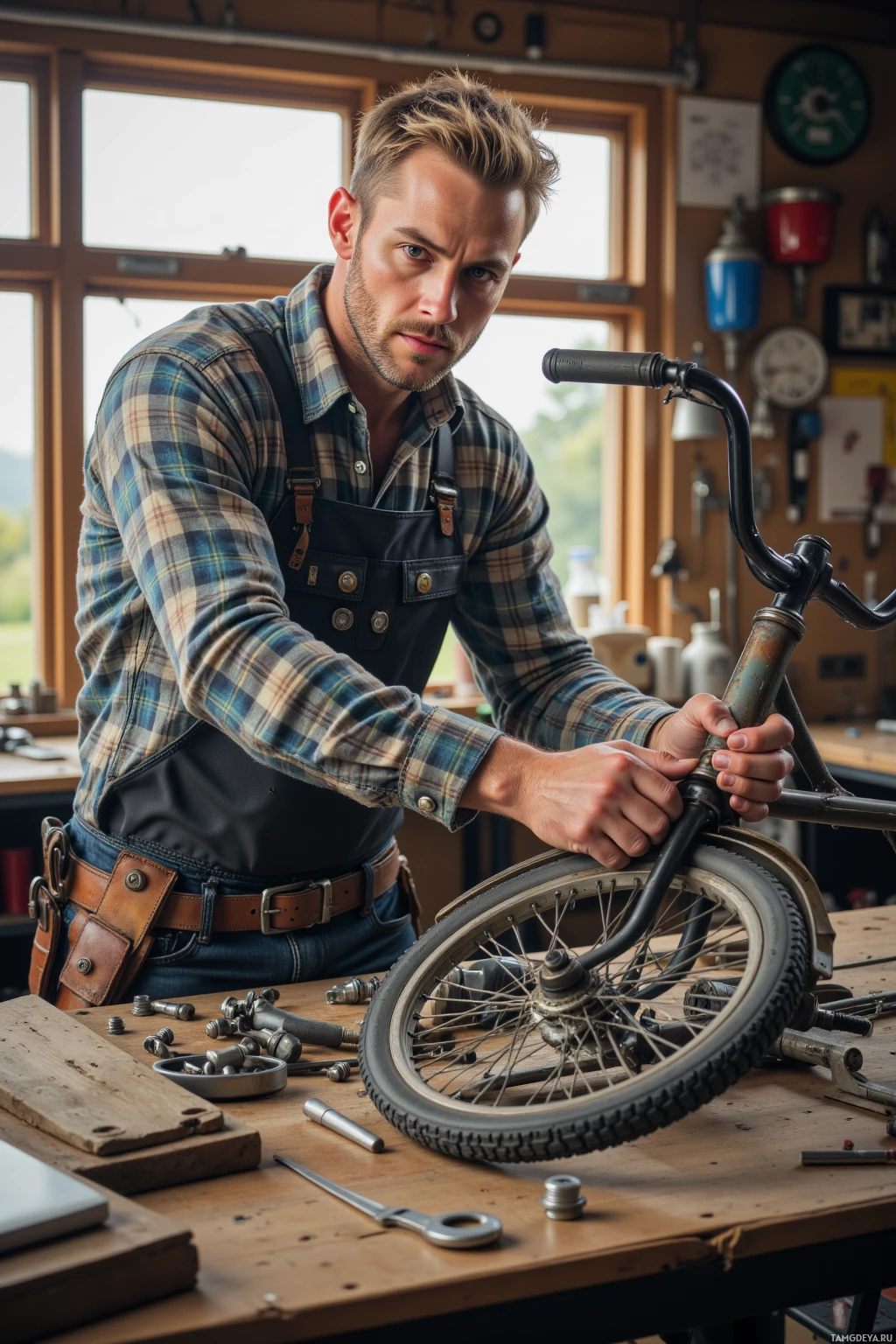A man in a plaid shirt and apron works on a bicycle in a workshop.