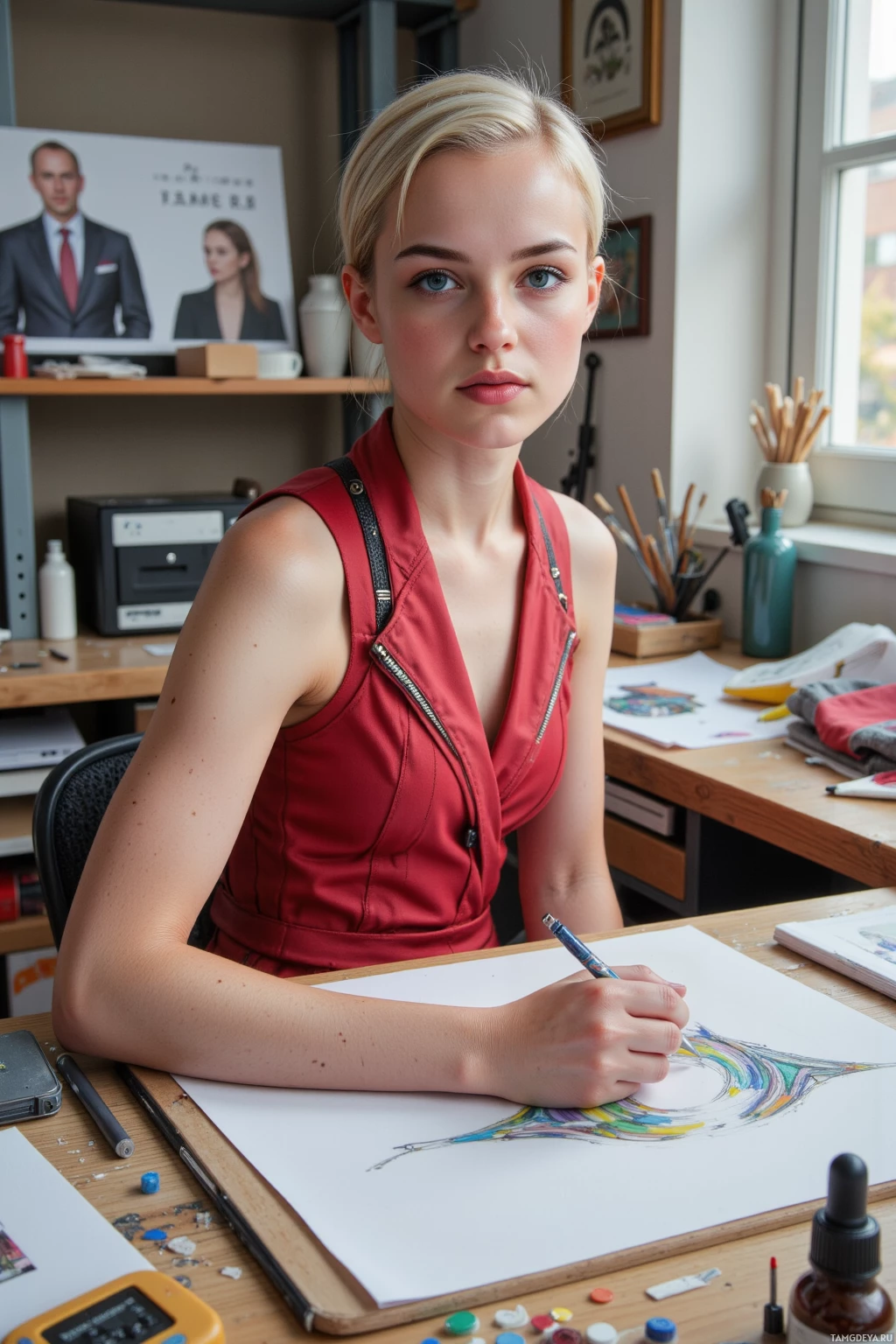 A person in a red top is seated at a desk, working on a colorful drawing.
