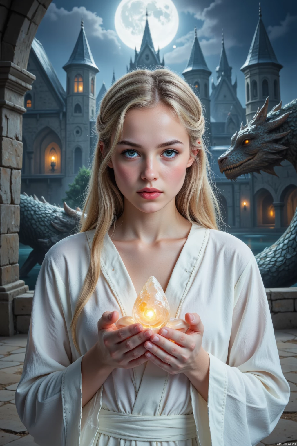 A woman in a white robe holds a glowing crystal in front of a castle and a dragon.
