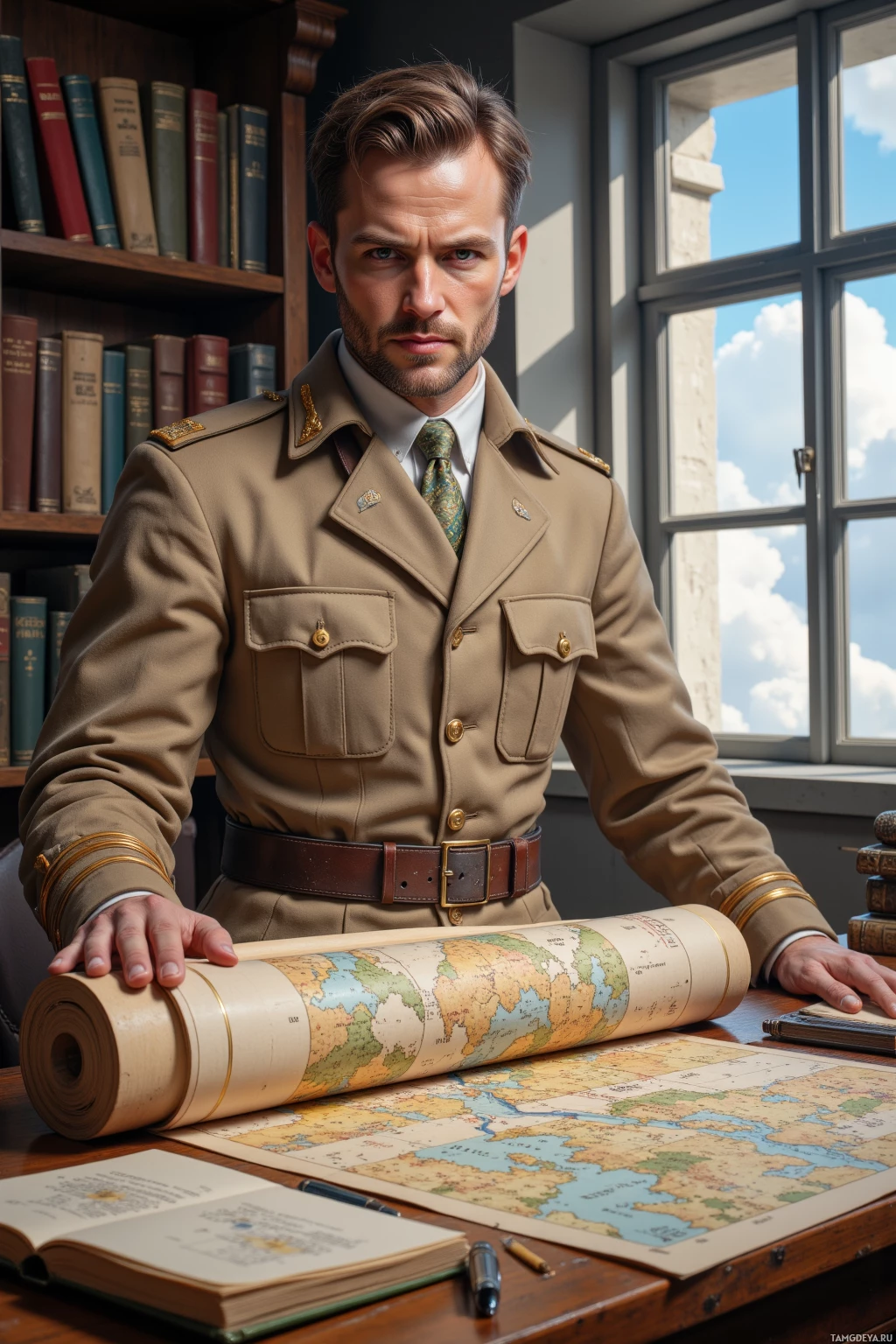 A man in a military uniform stands at a desk with a map and books, looking serious.