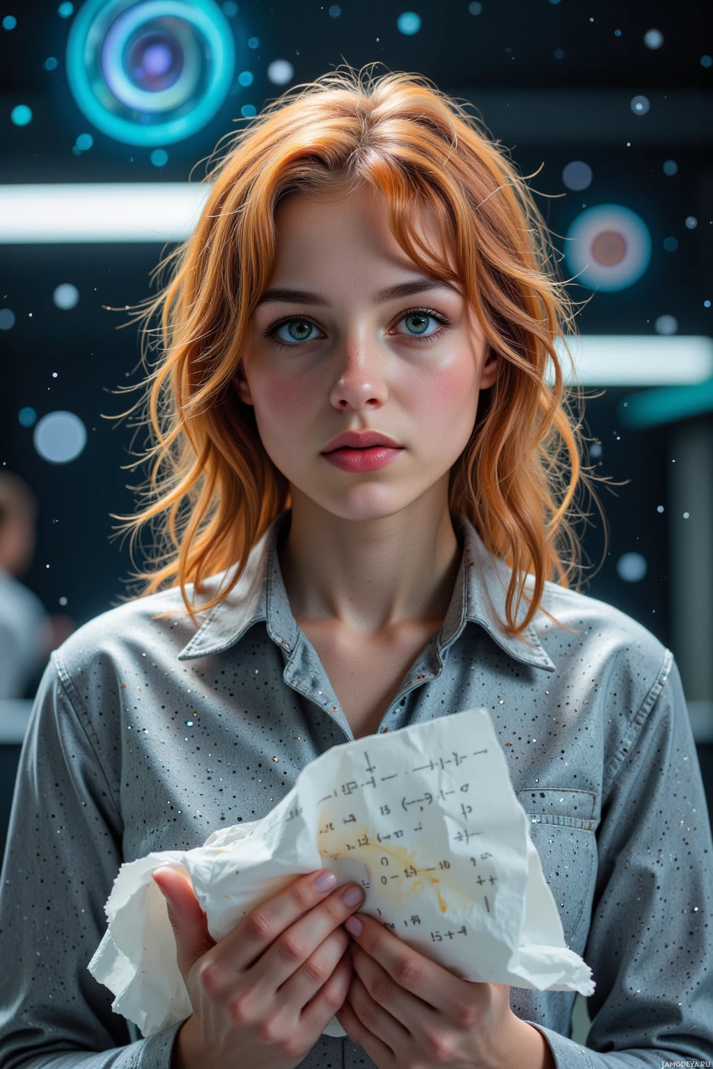 A person with red hair holds a crumpled paper with mathematical equations.