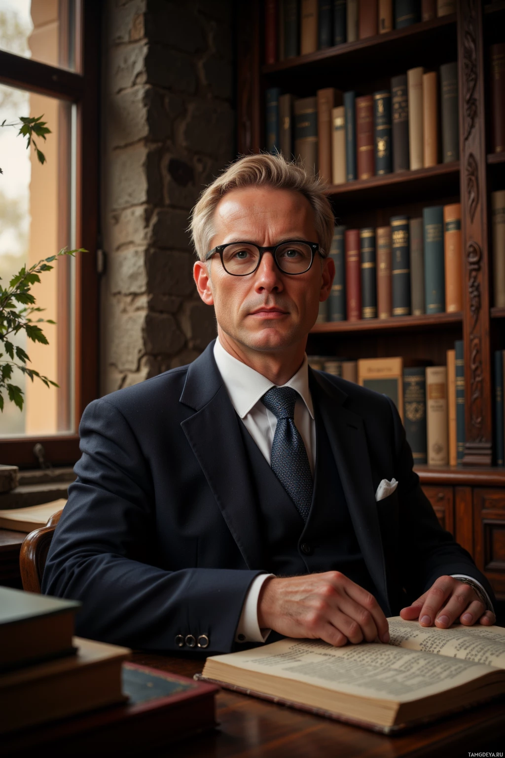 A man in a suit sits at a desk with books, wearing glasses and a serious expression.