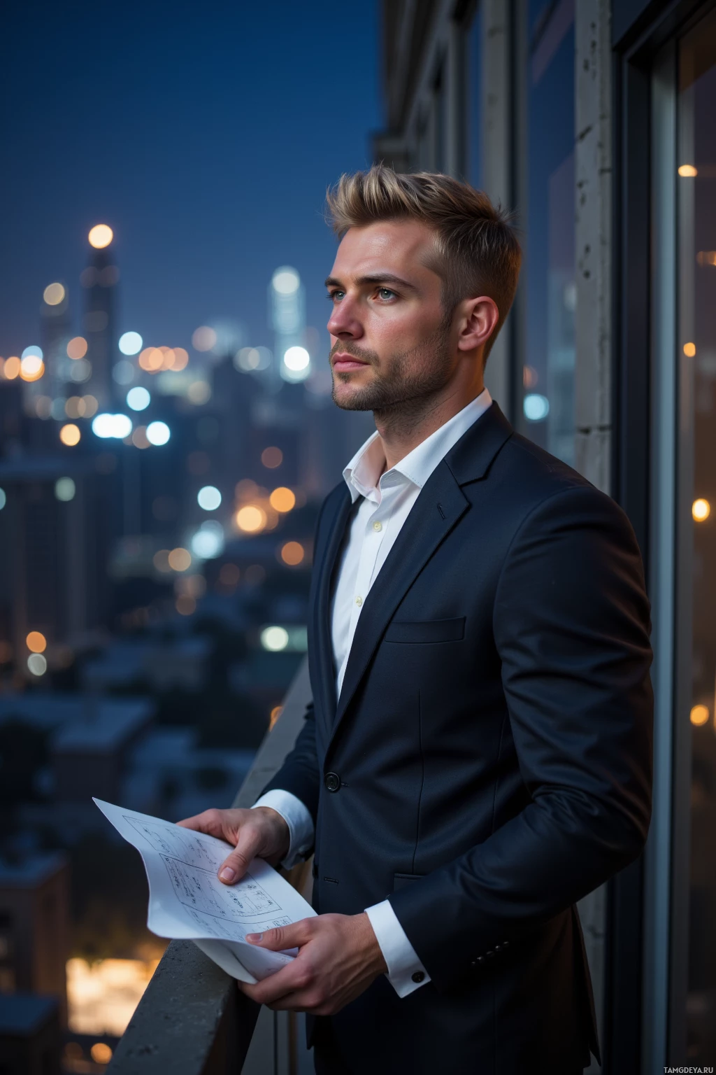 A man in a suit stands by a window, holding a document, with a cityscape at dusk in the background.
