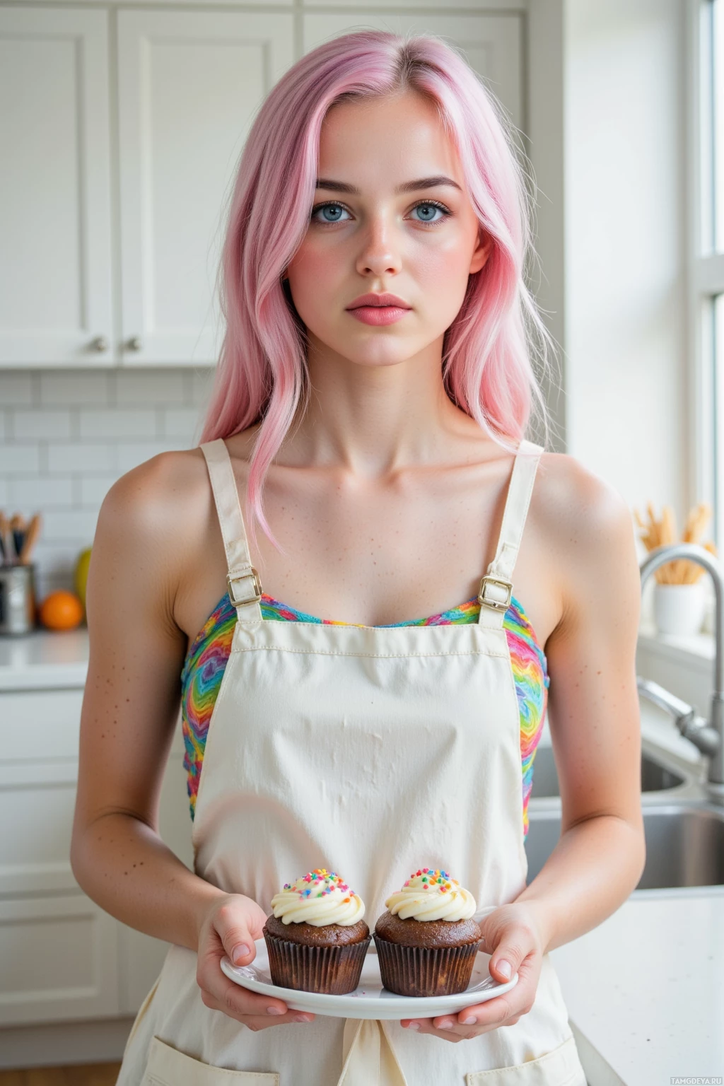 A person with pink hair holds a plate of cupcakes in a kitchen setting.