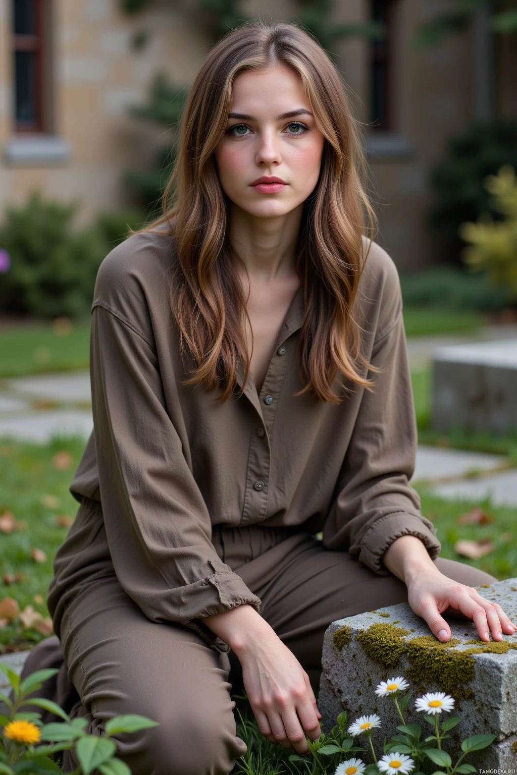 A woman in a brown outfit sits on a stone with daisies in the foreground.