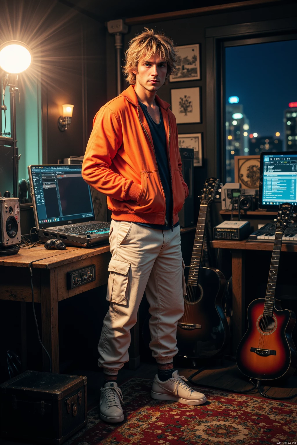 A person stands in a music studio with a laptop, guitar, and other equipment.