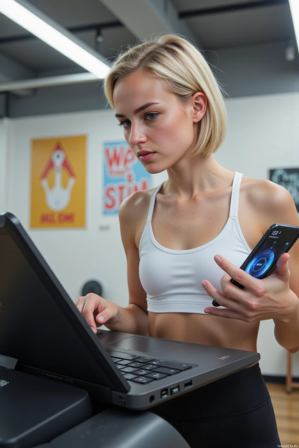 A woman in a gym setting uses a laptop and a smartphone.