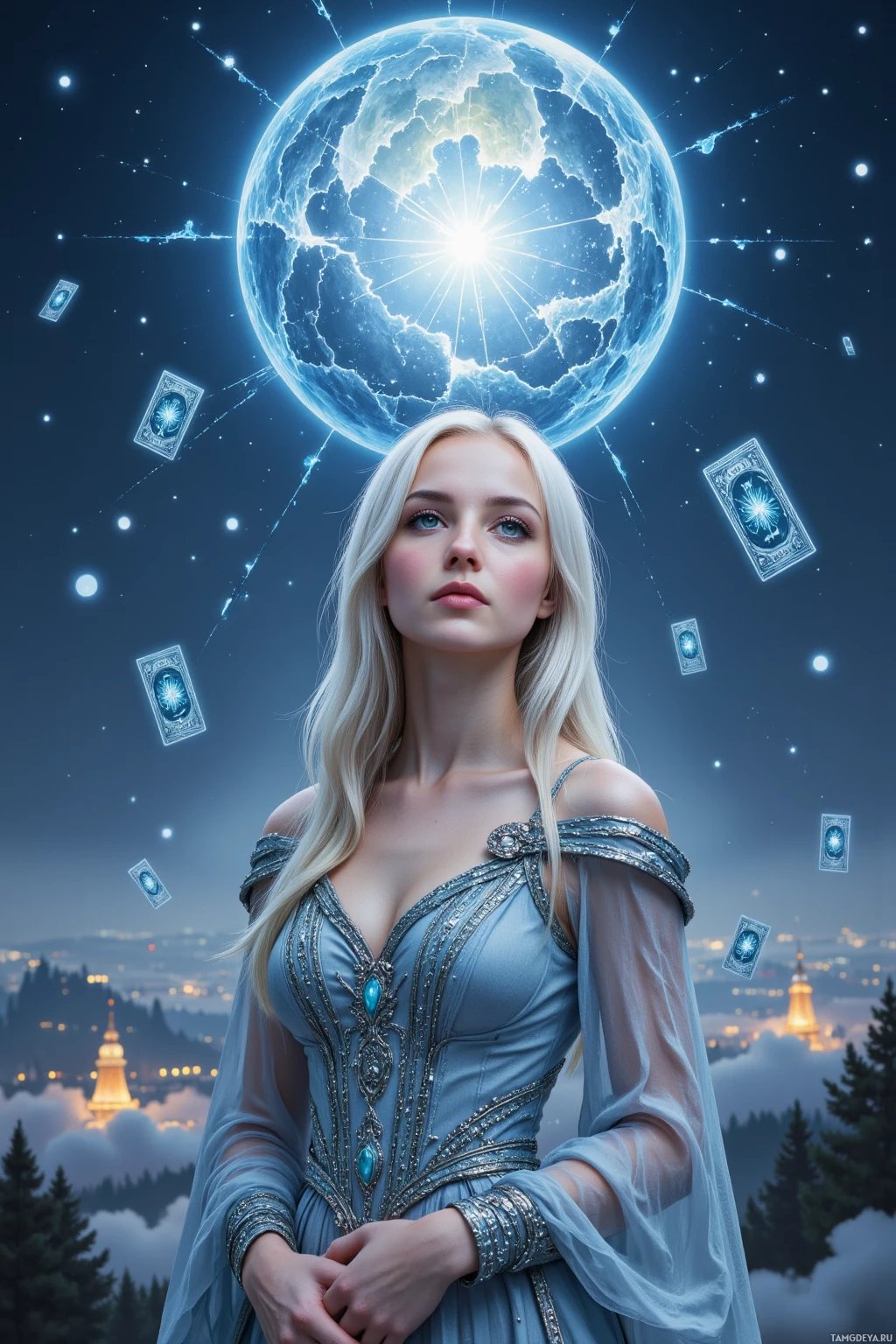 A woman in an elegant blue gown stands beneath a glowing moon and floating tarot cards, with a cityscape and forest in the background.