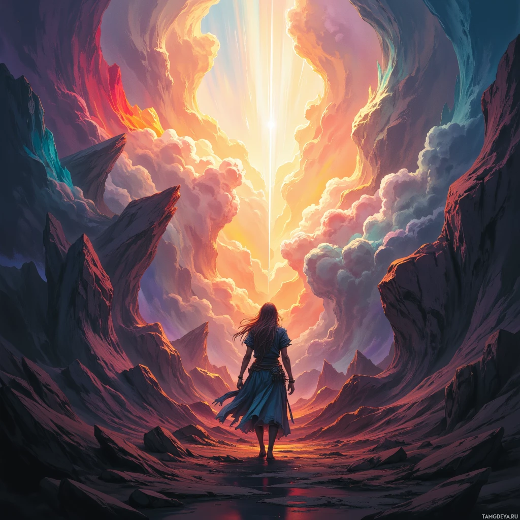 A lone figure stands at the entrance of a grand, ethereal cave, bathed in vibrant hues of orange and purple light.