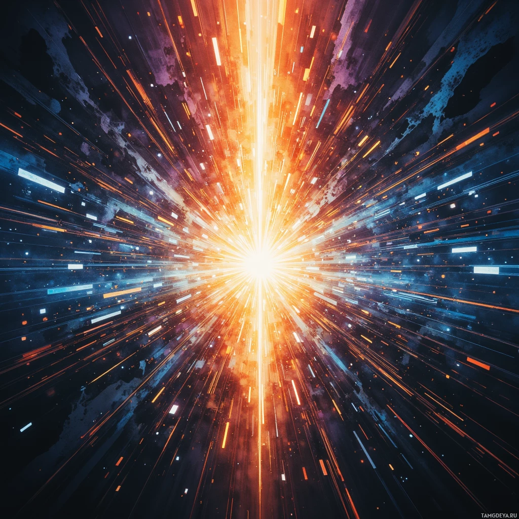 A vibrant cosmic scene with radiating light streaks and glowing particles.