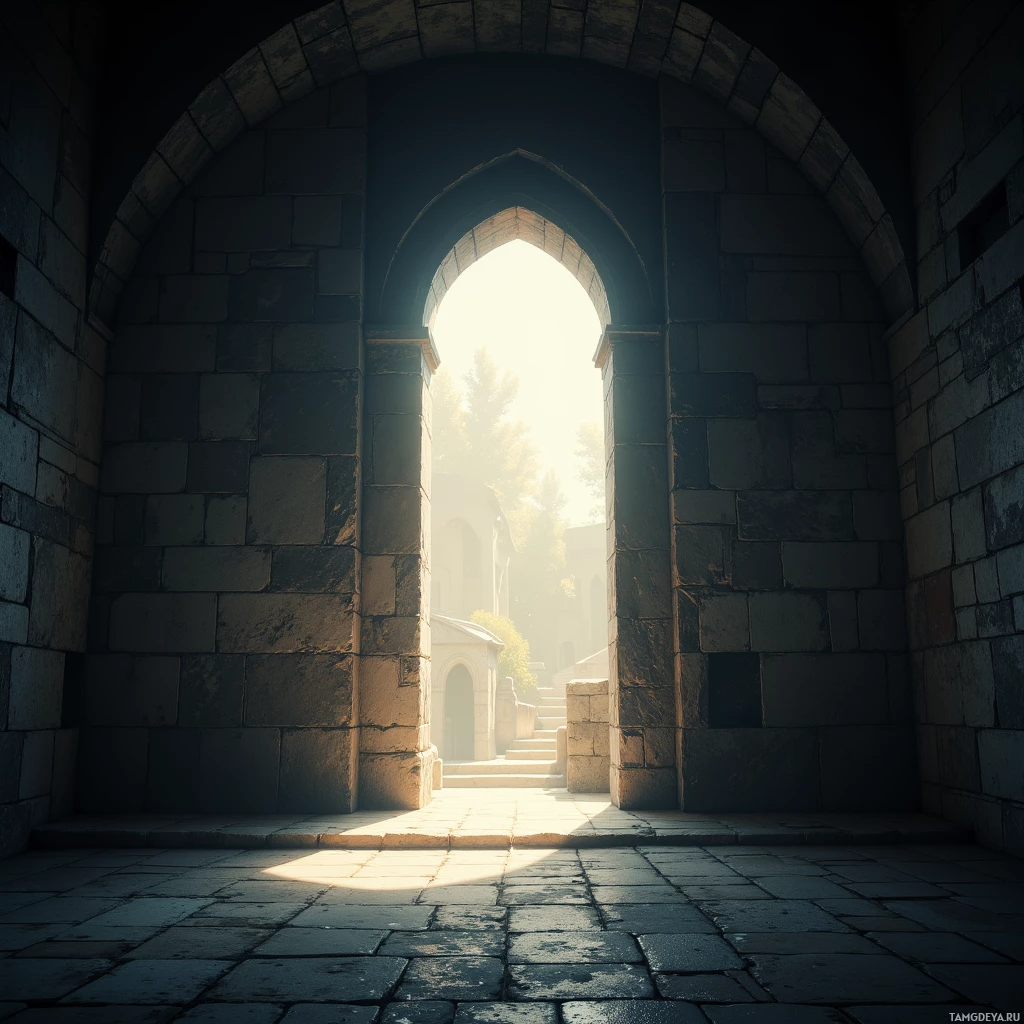 A stone archway leading to a bright, sunlit path outside.