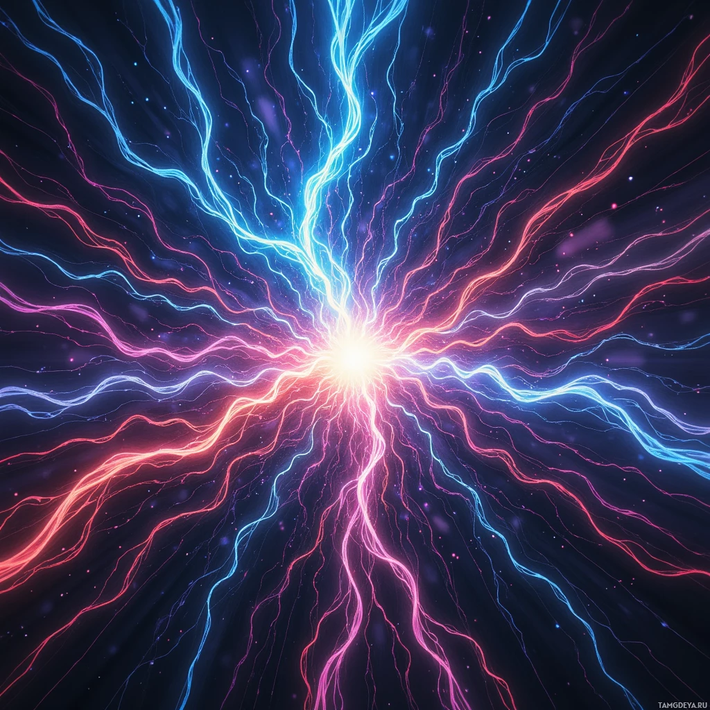 A vibrant, abstract image featuring radiating, wavy lines in blue and red against a dark background.