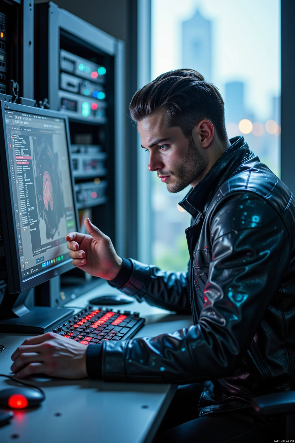 A man in a leather jacket works at a computer in a dimly lit room with a cityscape view.