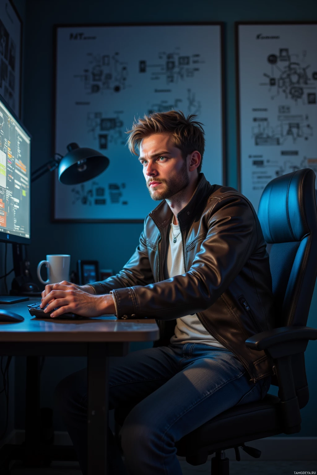 A man in a leather jacket sits at a desk, working on a computer.