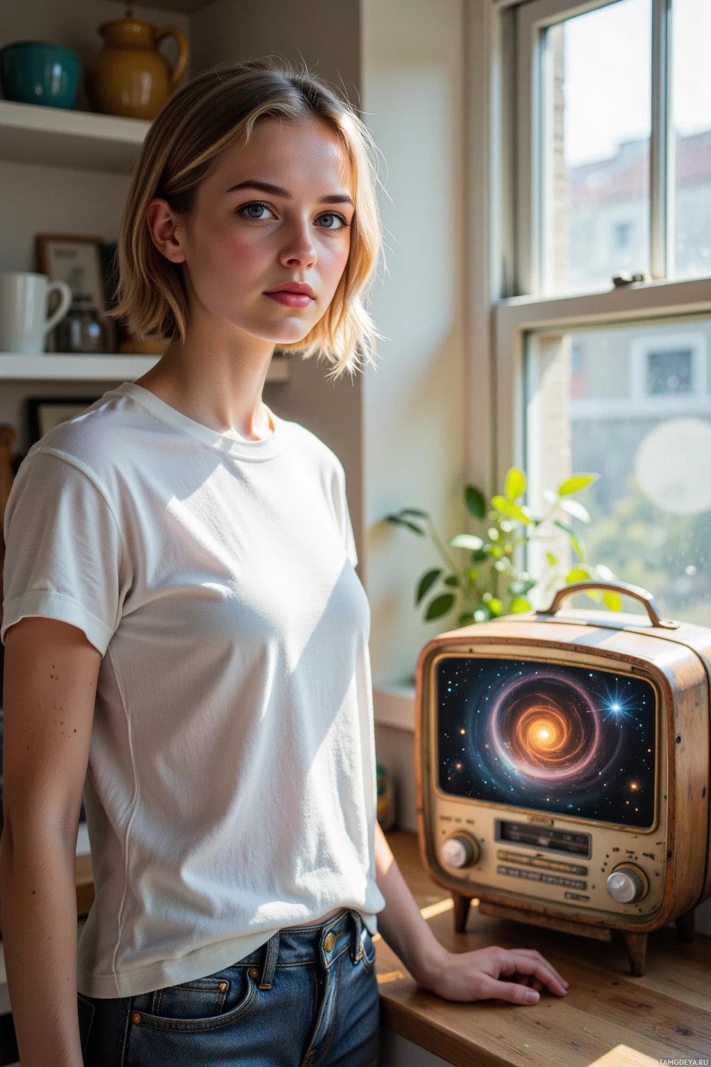 A person stands indoors near a window, with a vintage radio displaying a cosmic image on its screen.