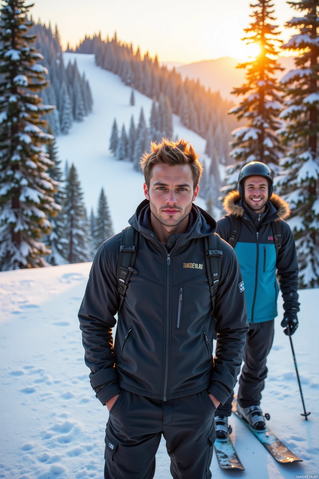 Two individuals in winter gear stand on a snowy slope with a scenic mountain backdrop.