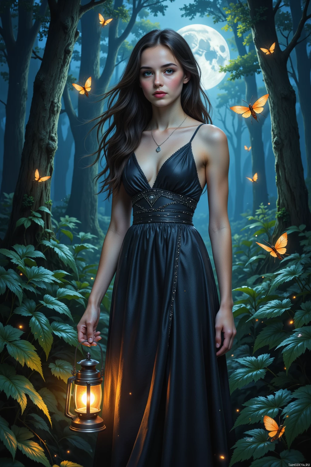 A woman in a dark dress stands in a forest at night, holding a lantern, with glowing butterflies and a full moon in the background.