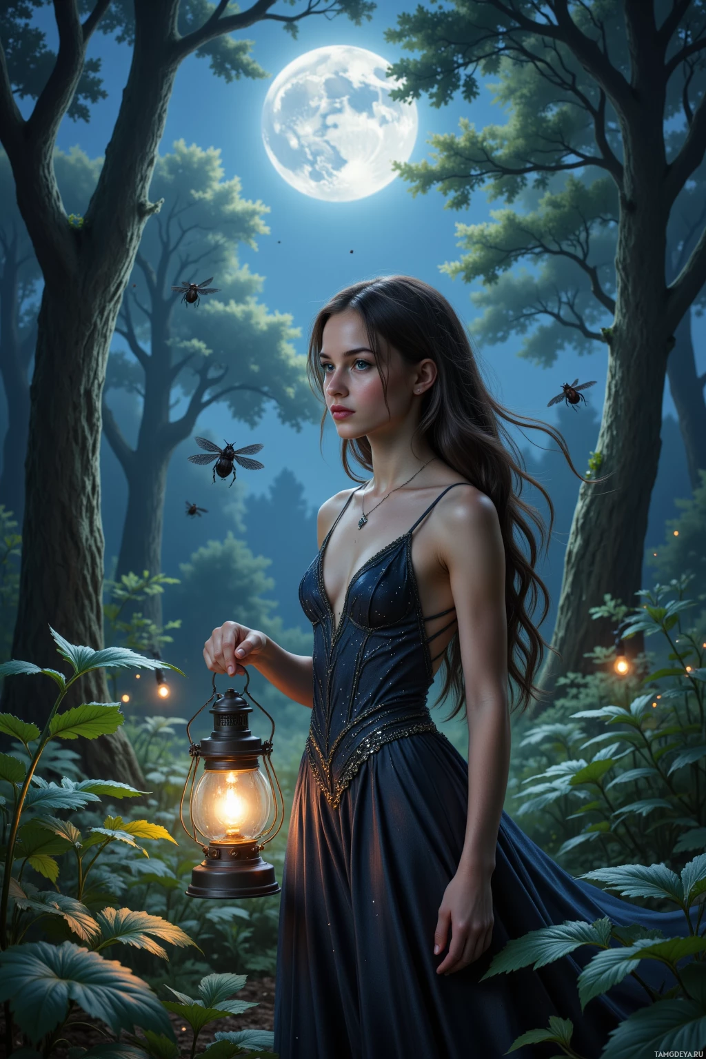 A woman in a dark dress holds a lantern in a moonlit forest.
