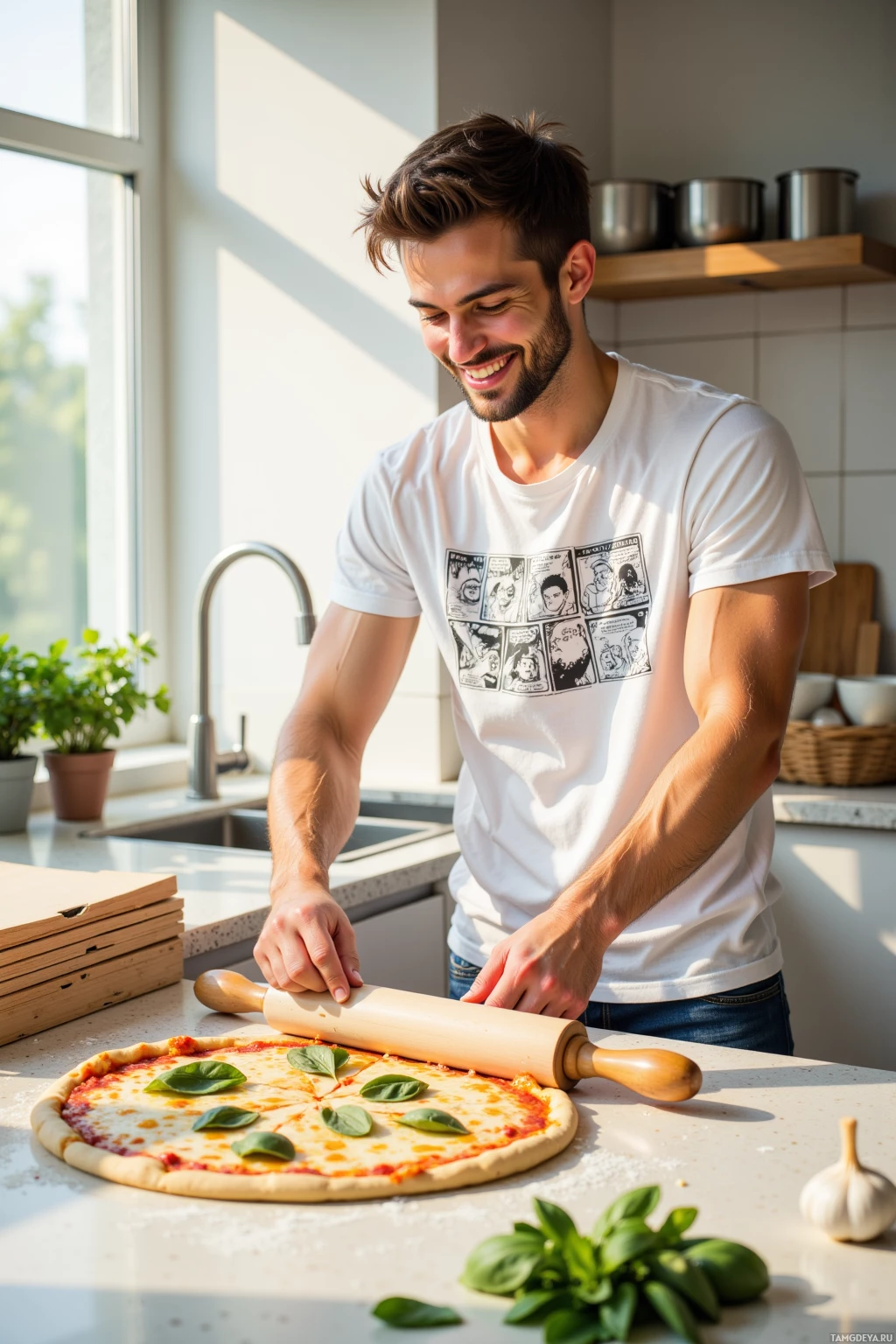 A man is rolling out pizza dough in a kitchen.