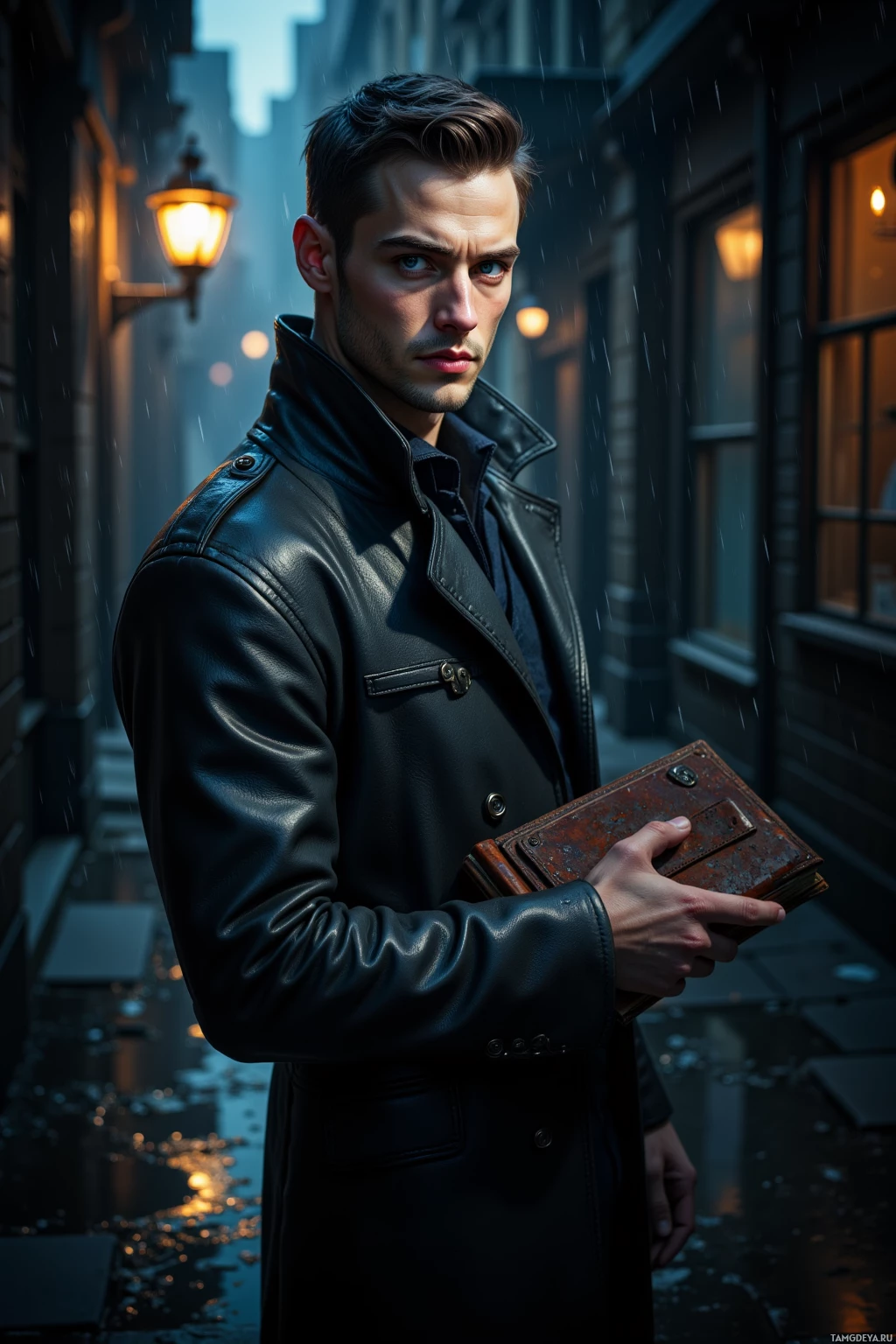 A man in a leather coat stands in a rainy alleyway, holding a book.