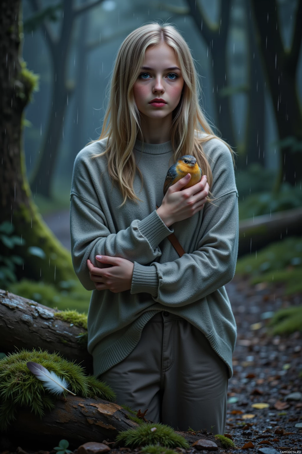 A person in a forest holds a small bird while standing near a fallen log.