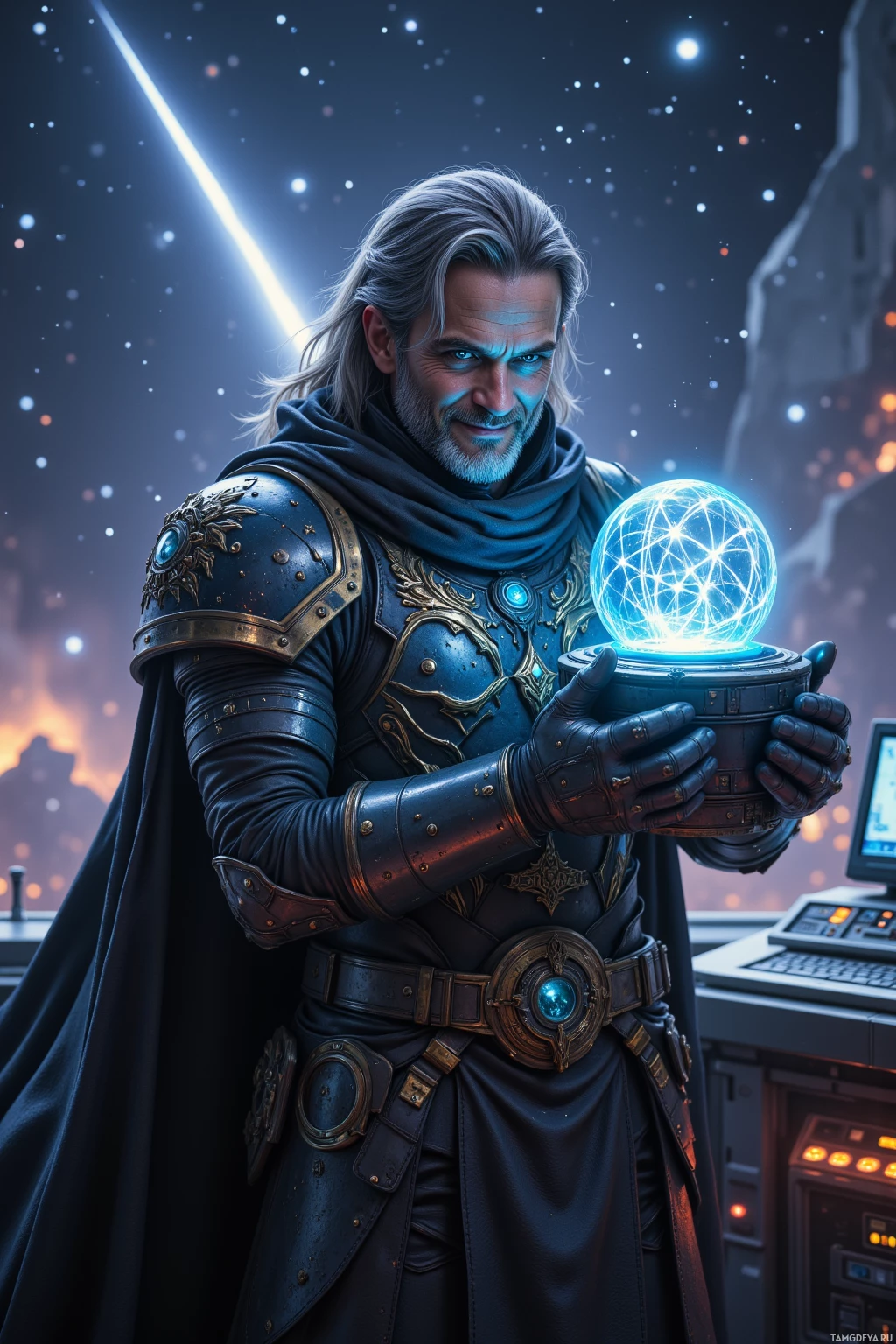 A man in ornate armor holds a glowing orb in a futuristic setting.
