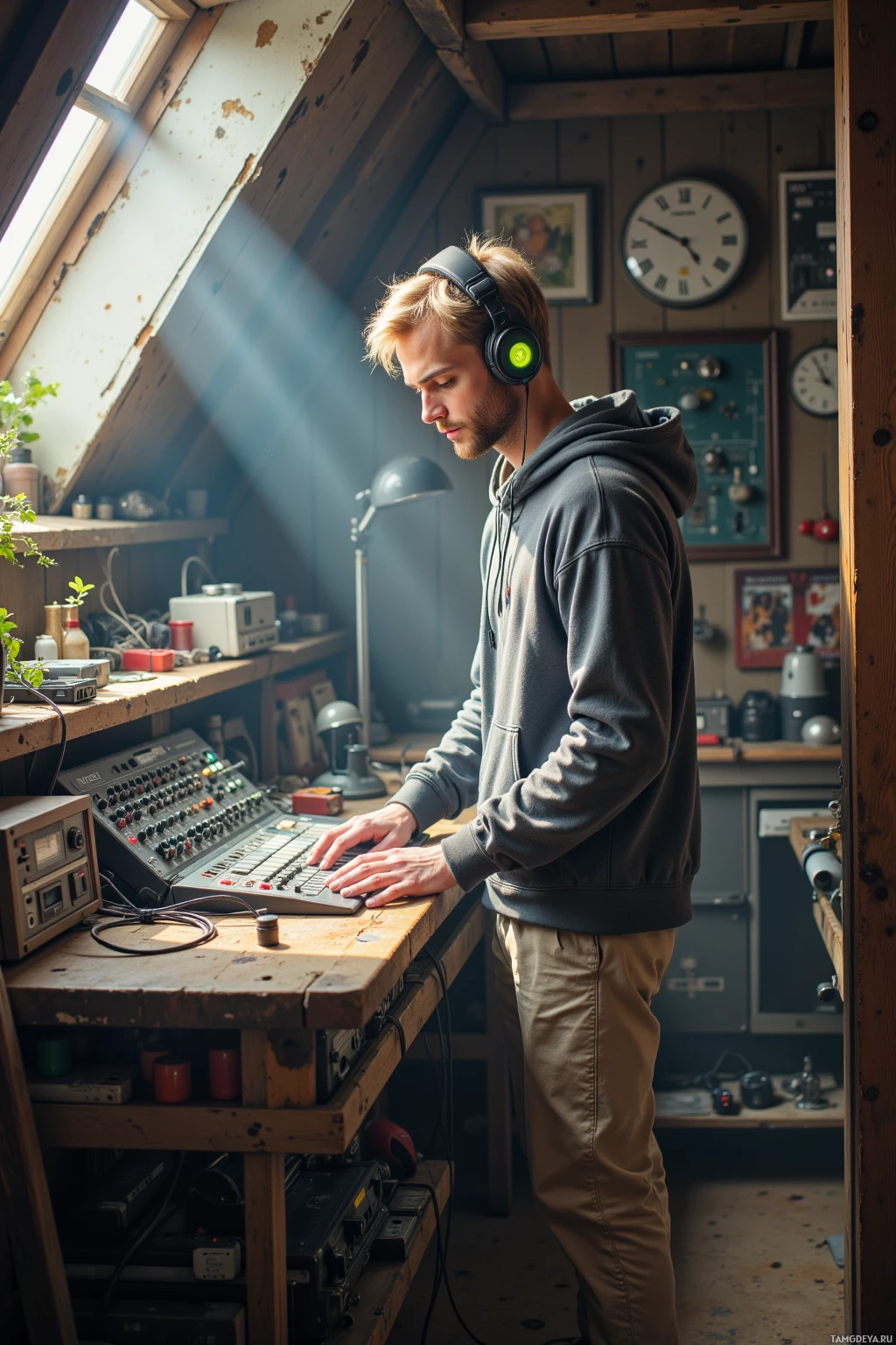 A person wearing headphones works at a mixing console in a cozy, sunlit attic studio.